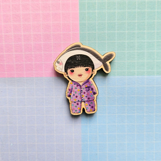 Eco Friendly Wooden 1.5 Inch Pin - Kim Seokjin Jin Super Tuna Live Chibi