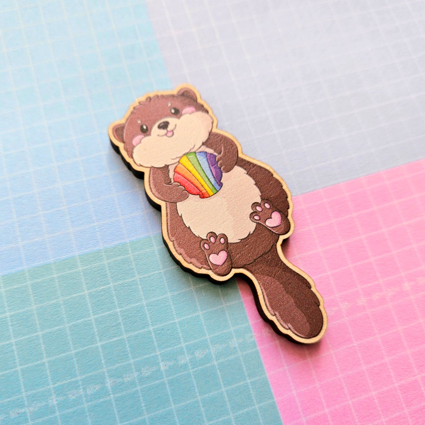 Eco Friendly Wooden 2.5 Inch Pin - Rainbow LGBTQ+ Pride Otter with Clam Shell