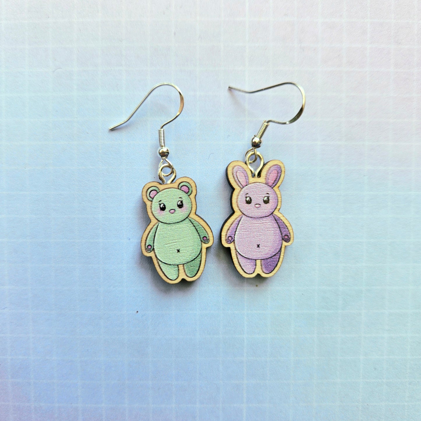 Eco Friendly 1 Inch Wooden Dangle Earrings - Bunny and Bear Taekook