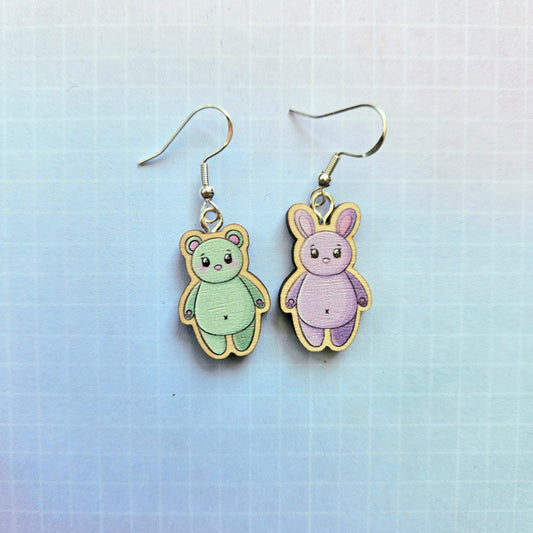 Eco Friendly 1 Inch Wooden Dangle Earrings - Bunny and Bear Taekook