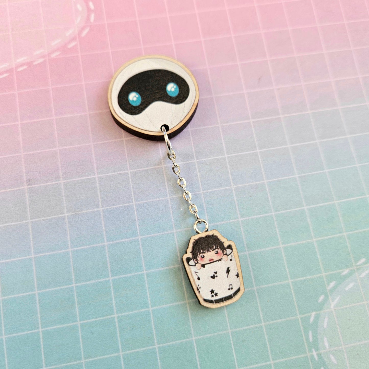 Eco Friendly Wooden 1 Inch Pin with Dangle Charm - Kim Namjoon RM Windchime