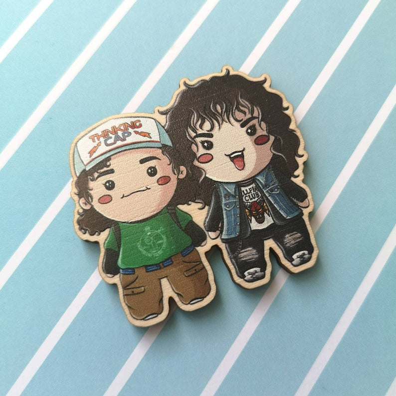 Eco Friendly Wooden 2 Inch Pin - Stranger Duos Robin Steve Eddie Chrissy Dustin