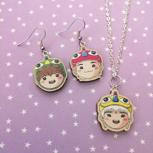 Eco Friendly 1 Inch Wooden Dangle Earrings and Necklace - Sowoozoo Chicken Hat Set