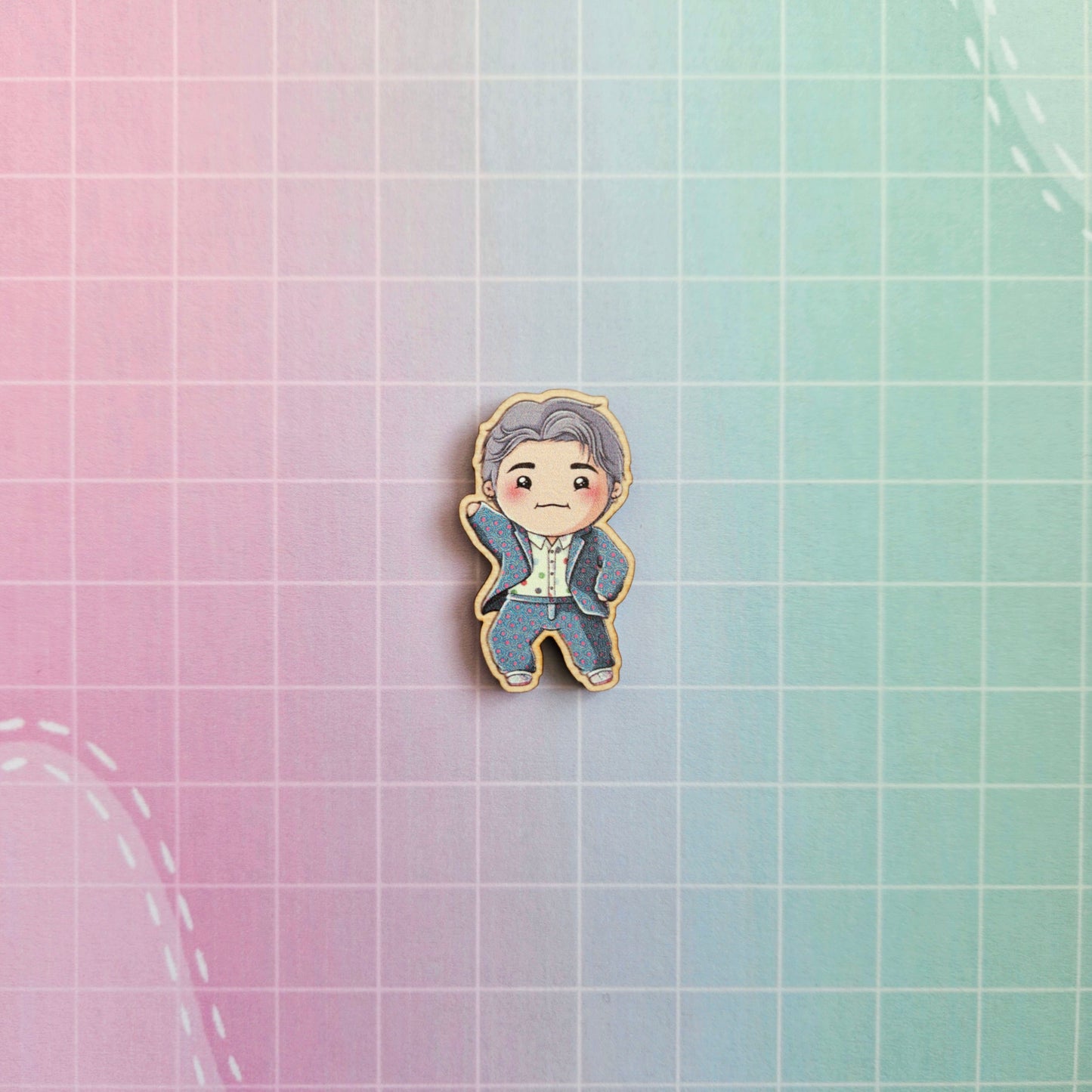 Eco Friendly Wooden 1.5 Inch Pin - BTS OT7 Idol Chibi