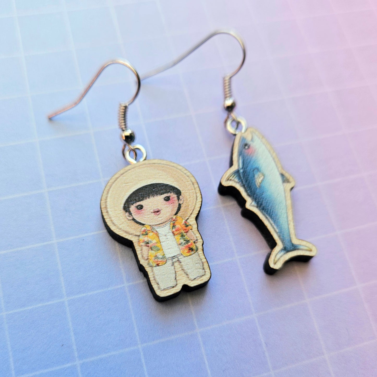 Eco Friendly 1 Inch Wooden Dangle Earrings - Super Tuna Jin