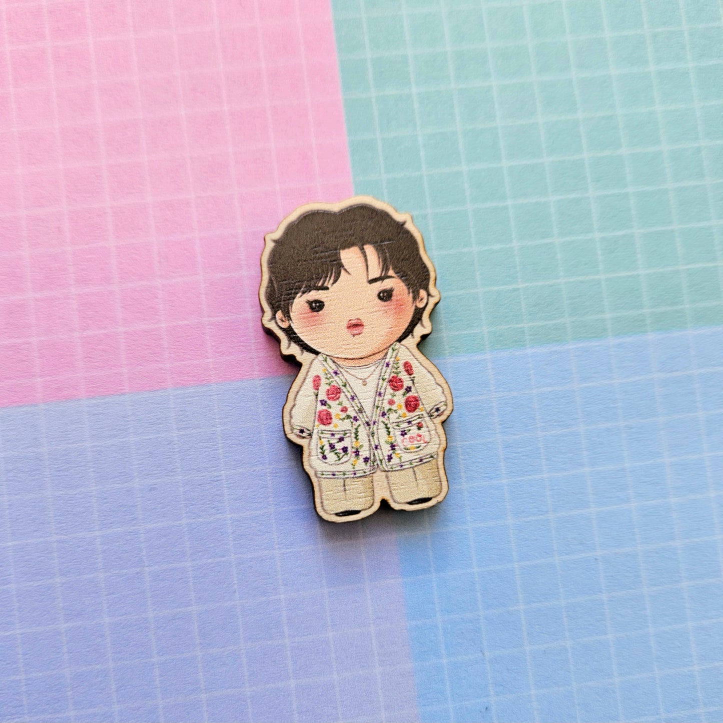 Eco Friendly Wooden 1.5 Inch Pin - Kim Taehyung V Winter Ahead Chibi