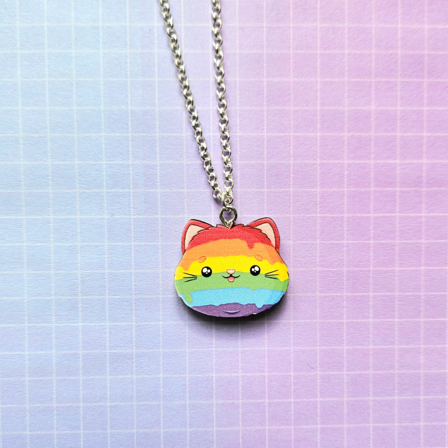 Eco Friendly Wooden 1 Inch Mini Filler Pin or Necklace - Rainbow LGBTQ+ Pride Kitty Cat