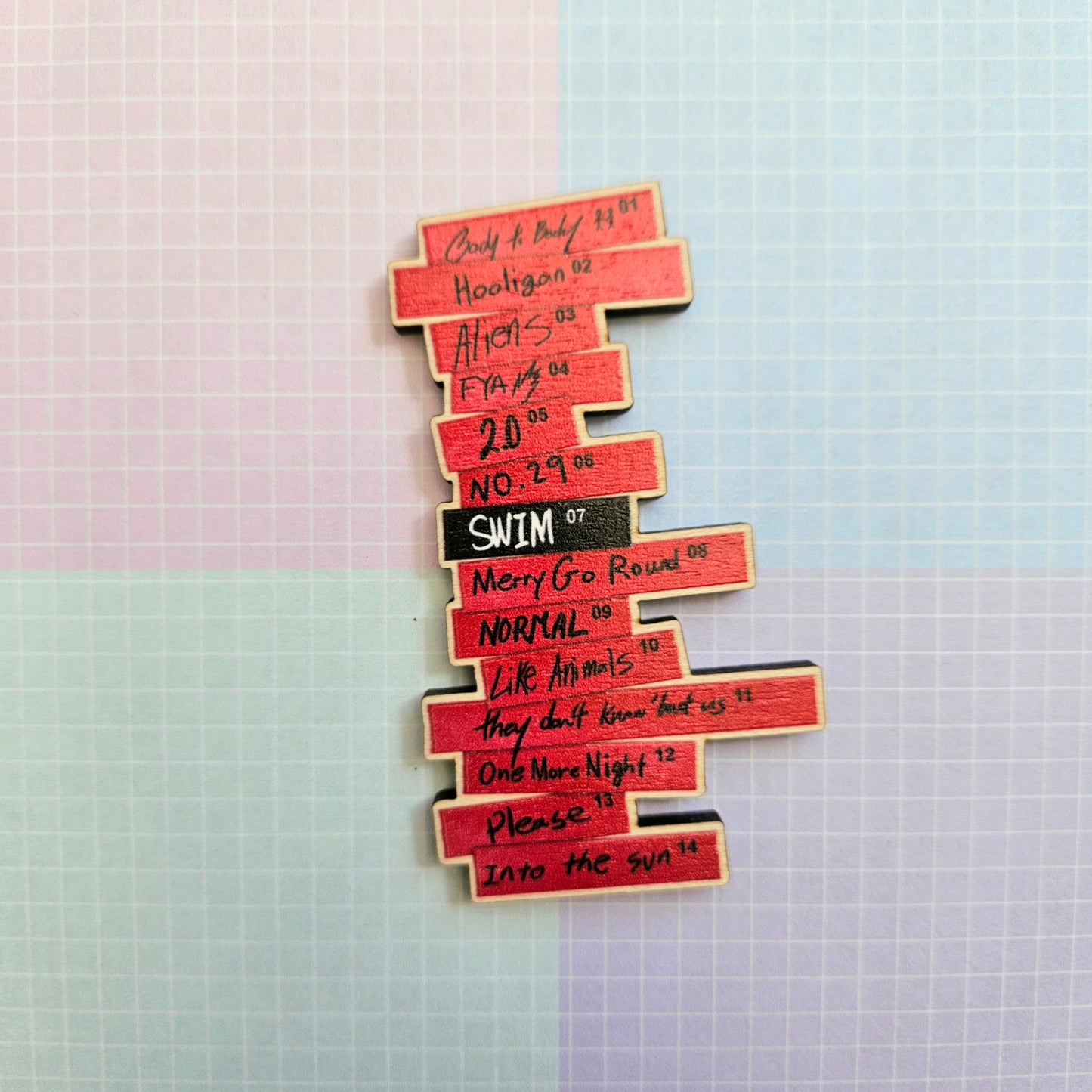 Eco Friendly Wooden 3 Inch Pin - Tracklist
